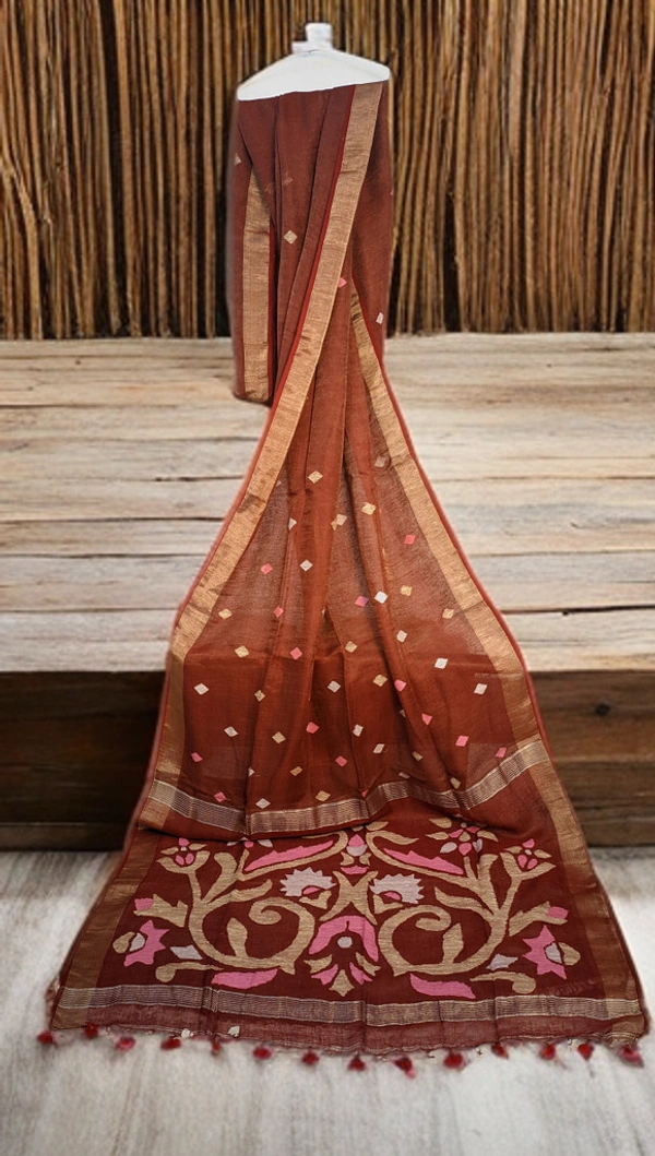  SKU0228 : Pure Ghicha Silk Saree – Handwoven Elegance from Bengal  - Maroon, Buti / Booti, Dry Clean Only, Yes