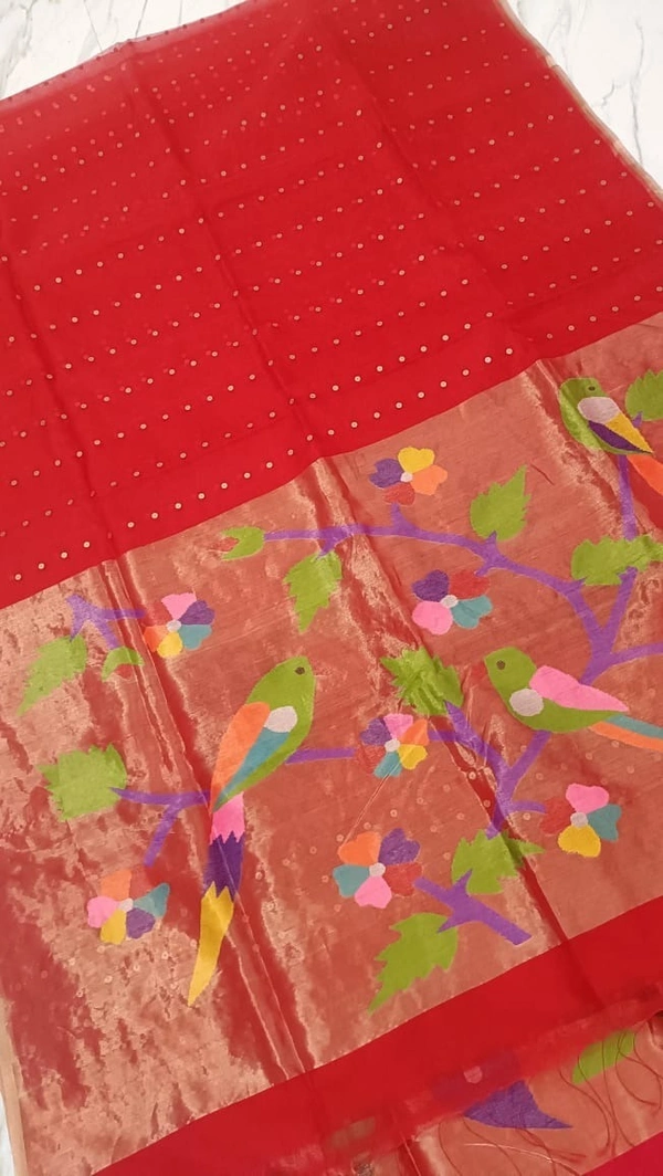 SKU0520 : Pure Silk Paithani Mulberry Silk Saree – Handwoven Traditional Elegance Shape - Red, Bird Motif, Hand Wash, Yes