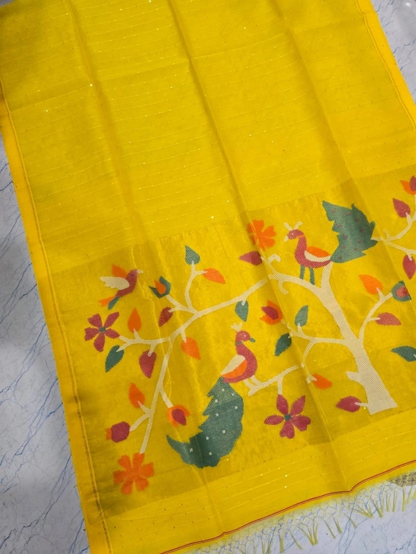 SKU0521 : Pure Silk Paithani Mulberry Silk Saree – Handwoven Traditional Elegance Shape - Yellow, Bird Motif, Hand Wash, Yes