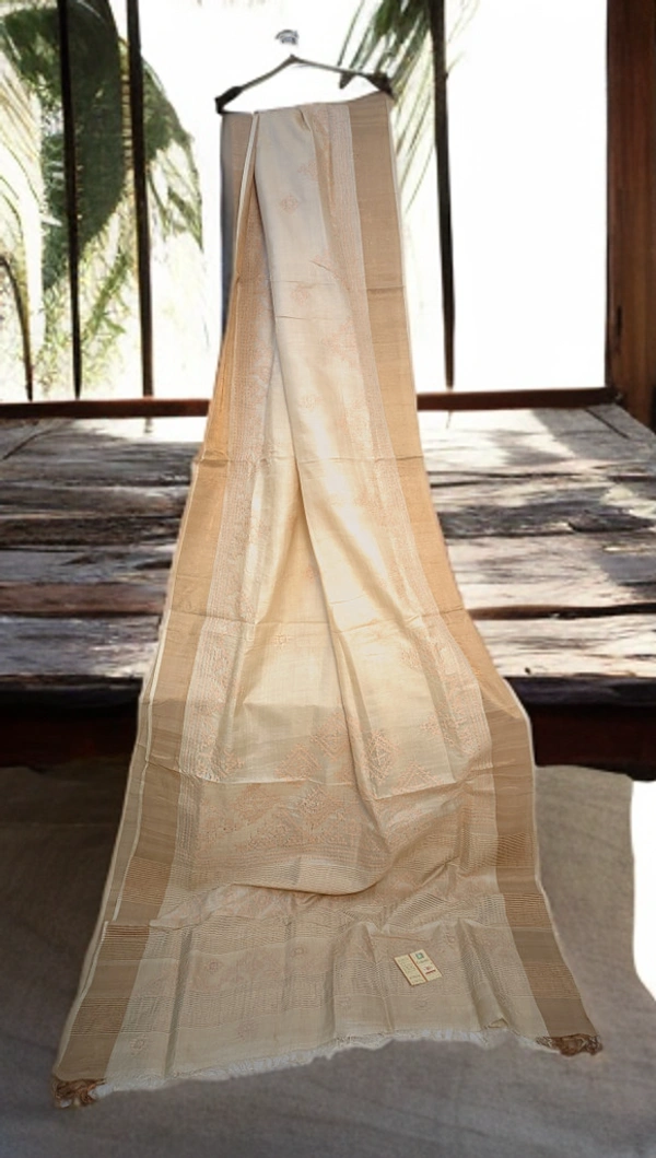 SKU0231 : Elegant Tussar Cotton  Saree – Handcrafted Heritage Weave  | Gujrati Work - Cream Colour, Buti / Booti, Hand Wash, Yes