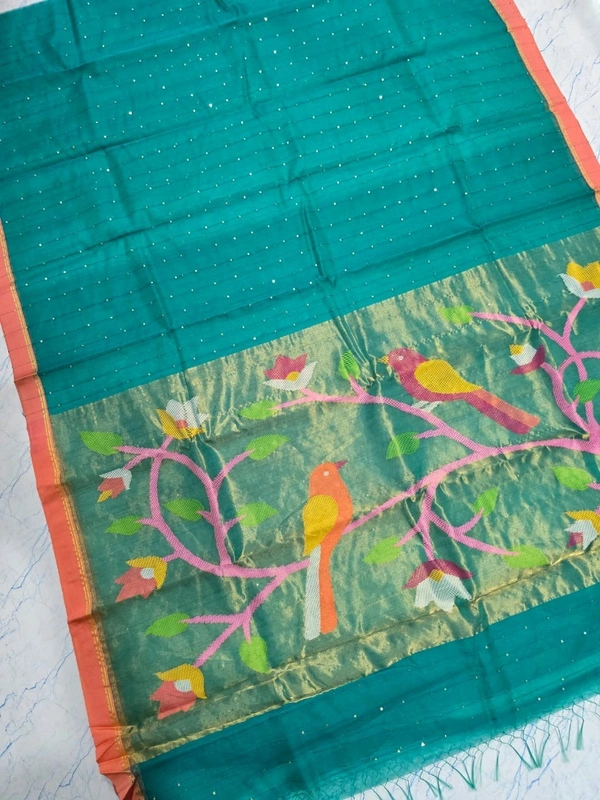 SKU0549 : Pure Silk Paithani Mulberry Silk Saree – Handwoven Traditional Elegance Shape - Deep Green, Bird Motif, Hand Wash, Yes