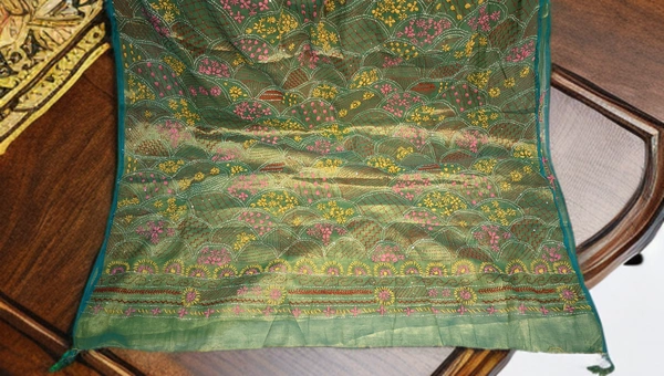 SKU0233 : Pure  Cotton Saree – Handwoven, Lightweight & Breathable Fabric  | Lambani Work - Green, Abstract, Hand Wash, Yes