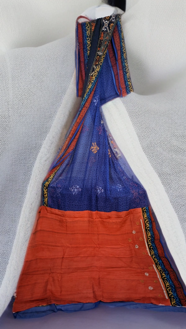 SKU0236 : Elegant Lightweight Chiffon Saree for Women – Soft & Flowing Fabric | Silk Lambani - Deep Blue, Block Print, Hand Wash, Yes