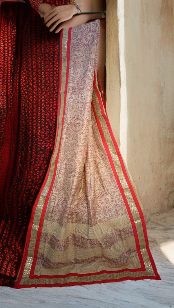 SKU0239 : Pure Tussar Silk Saree with Elegant | Border Zardosi | Embroidery - Cream Colour, Hand Wash, Yes