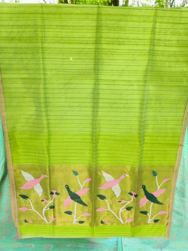 SKU0244 :  Pure Silk Paithani Mulberry Silk Saree – Handwoven Traditional Elegance Shape - Green, Bird Motif, Hand Wash, Yes