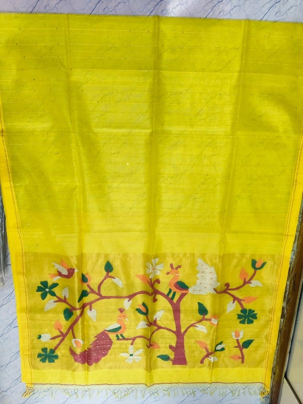 SKU0249  : Pure Silk Paithani Mulberry Silk Saree – Handwoven Traditional Elegance Shape - Yellow, Bird Motif, Hand Wash, Yes