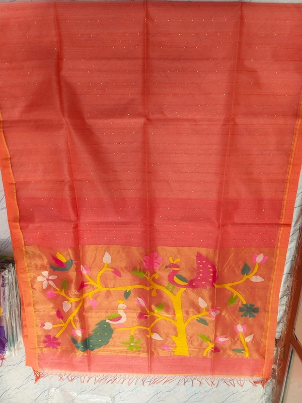 SKU0253 : Pure Silk Paithani Mulberry Silk Saree – Handwoven Traditional Elegance Shape - Orange, Bird Motif, Hand Wash, Yes