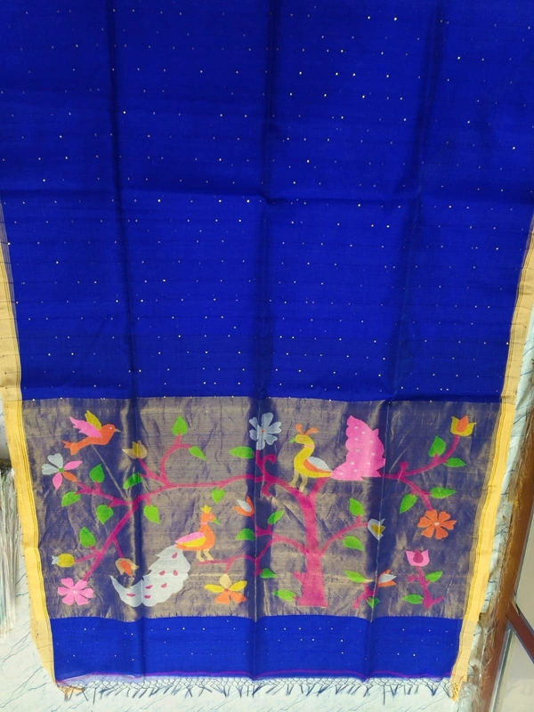 SKU0255 : Pure Silk Paithani Mulberry Silk Saree – Handwoven Traditional Elegance Shape - Blue, Bird Motif, Hand Wash, Yes
