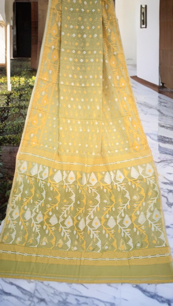 SKU0220 : Pure  Cotton Saree – Handwoven, Lightweight & Breathable Fabric  | Jamdani Buti - Yellow, Buti / Booti, Dry Clean Only, No