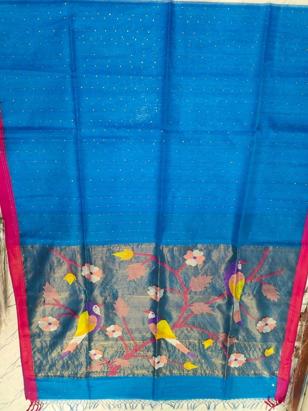SKU0259 :  Pure Silk Paithani Mulberry Silk Saree – Handwoven Traditional Elegance Shape - Blue, Bird Motif, Hand Wash, Yes