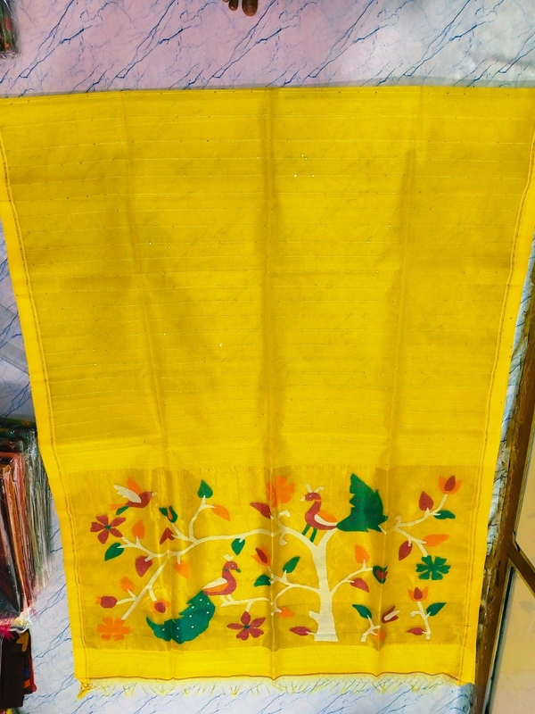 SKU0260 : Pure Silk Paithani Mulberry Silk Saree – Handwoven Traditional Elegance Shape - Yellow, Bird Motif, Hand Wash, Yes