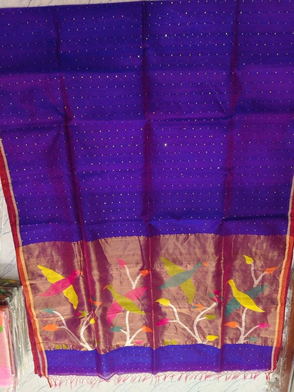 SKU0262 :  Pure Silk Paithani Mulberry Silk Saree – Handwoven Traditional Elegance Shape - Violet, Bird Motif, Hand Wash, Yes