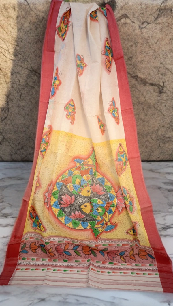 SKU0221 : Pure  Cotton Saree – Handwoven, Lightweight & Breathable Fabric  |  Dhanekhali - Multi Colour, Madhubani / Warli, Dry Clean Only, No