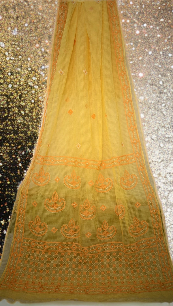 SKU0273 : Elegant Resham Kota Saree – Handcrafted Bengal Heritage | Gujrati Work - Yellow, Buti / Booti, Dry Wash Only, No