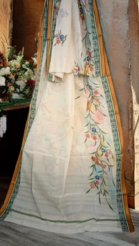 SKU-0222 : Pure  Cotton Saree – Handwoven, Lightweight & Breathable Fabric | Dhnekhali - White, Floral, Dry Clean Only, No