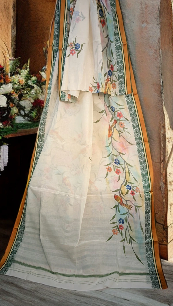 SKU-0222 : Pure  Cotton Saree – Handwoven, Lightweight & Breathable Fabric | Dhnekhali - White, Floral, Dry Clean Only, No