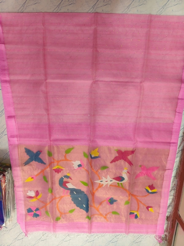 SKU0279 : Pure Silk Paithani Mulberry Silk Saree – Handwoven Traditional Elegance Shape - Lght Pink, Bird Motif, Hand Wash, Yes