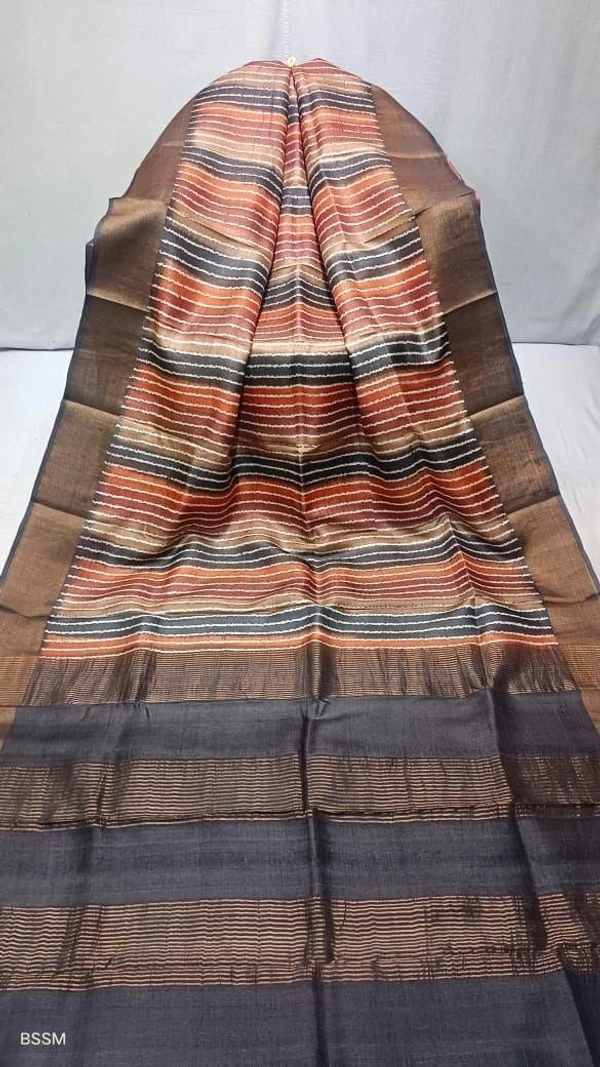  SKU0287 : Pure Tussar Silk Saree with Elegant Zari Border - Brown, Stripe, Dry Wash / Hand Wash, Yes