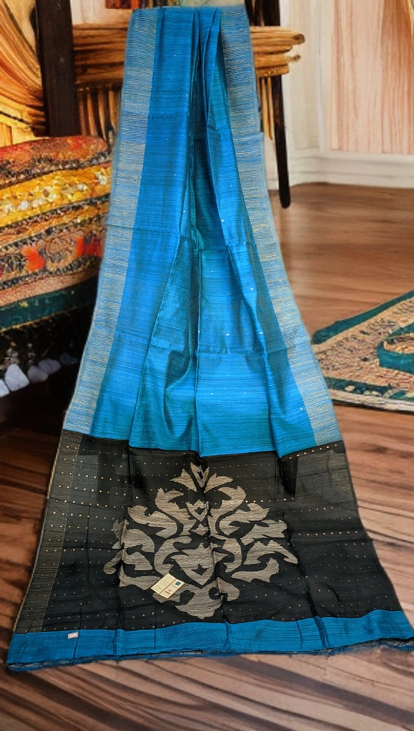 SKU0224 : Elegant Handwoven Silk Matka Ghicha Saree – Traditional Bengal Weave  - Blue, Dry Clean Only, Yes