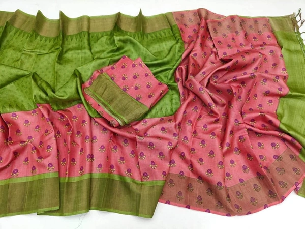 SKU0190 : Pure Tussar Silk Saree with Elegant Zari Border - Green, Buti / Booti, Hand Wash, Yes