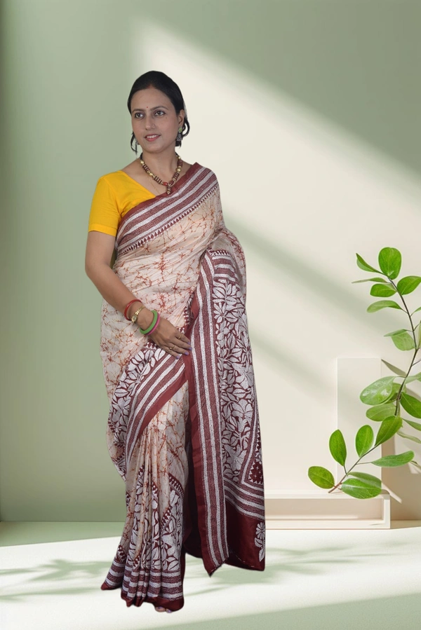 SKU-0735 : Handcrafted Pure Silk Kantha Stitch Saree – Elegant Traditional Wear - Dry Wash, Yes