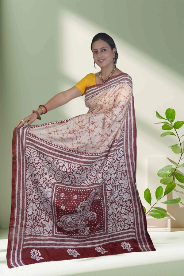 SKU-0735 : Handcrafted Pure Silk Kantha Stitch Saree – Elegant Traditional Wear - Dry Wash, Yes