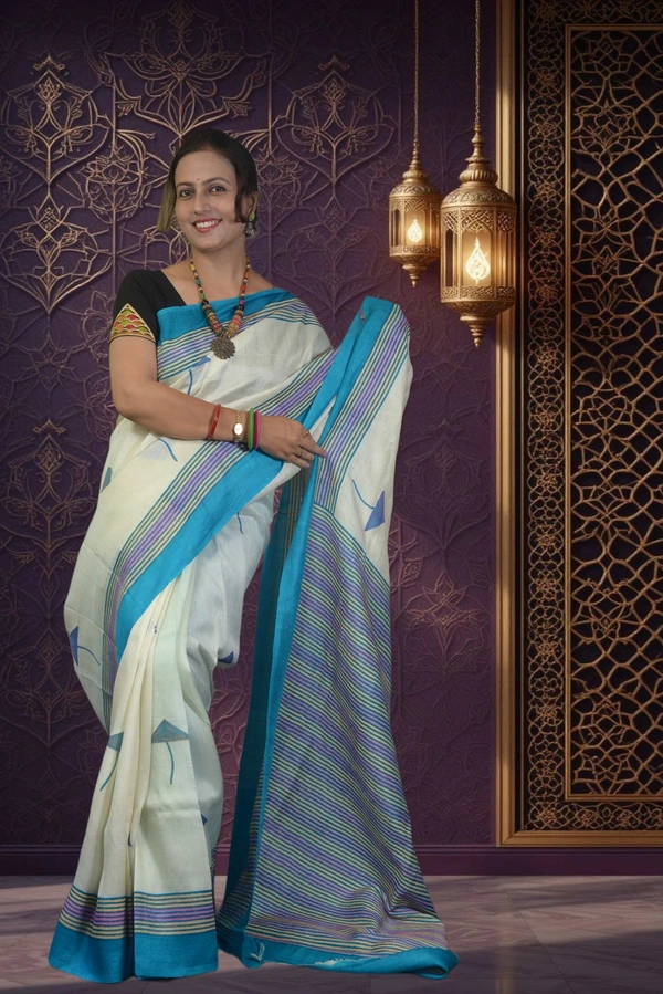 SKU-0727 : Handcrafted Pure Silk Kantha Stitch Saree – Elegant Traditional Wear - Dry Wash, Yes