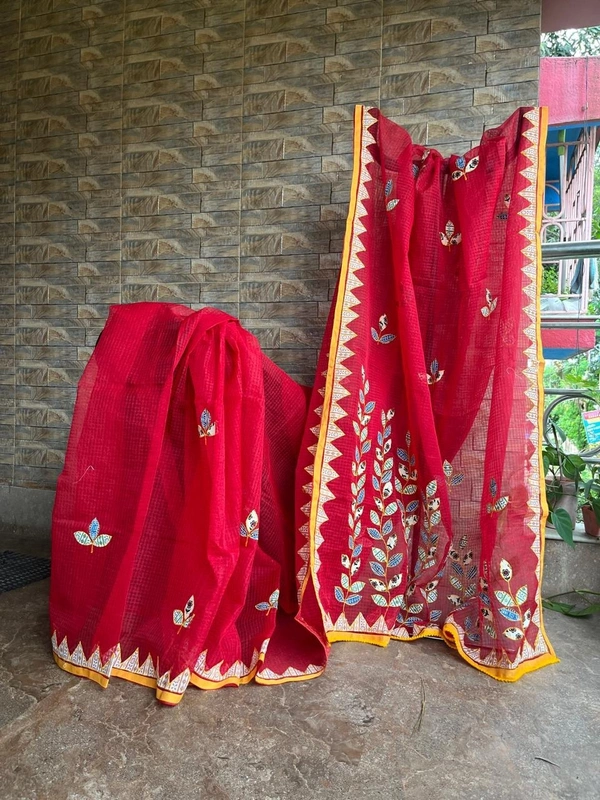 SKU0761 : Dhanekhali Tant | Applic Embroidary - Normal Length 5.4 mtr Plus, Red, Check, Soft wash, No