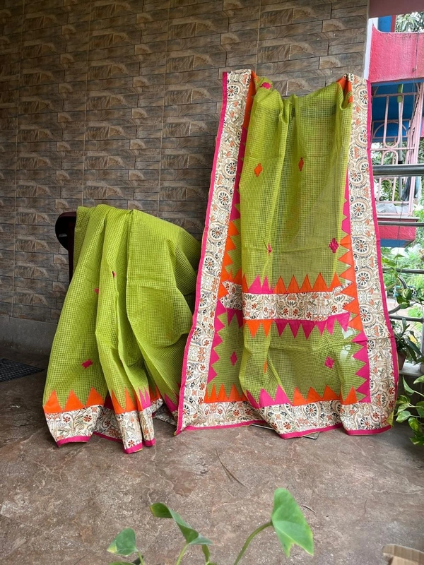 SKU0762 : Dhanekhali Tant | Applic Embroidary - Normal Length 5.4 mtr Plus, Green, Check, Soft wash, No