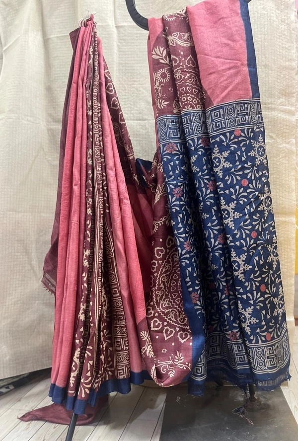 SKU0763 : Supernetti Tussar | Wooden Block Printing - Normal Length 6.3 mtr Plus, Multicolor, Block Print, Dry Clean Only, Yes