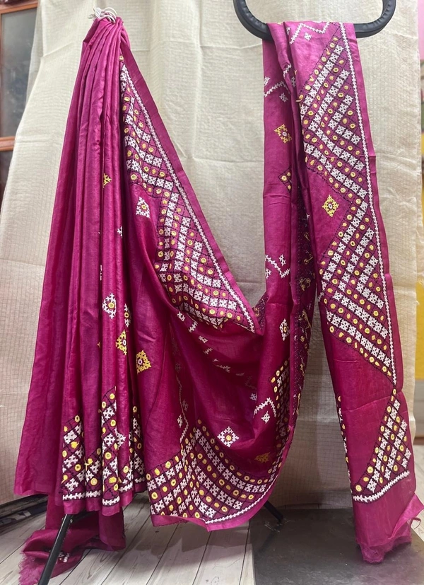 SKU0764 : Elegant Pure Tussar Silk Saree – Handwoven & Traditional | Gujrati Work - Normal Length 6.3 mtr Plus, Maroon, Embroidery, Dry Clean Only, Yes
