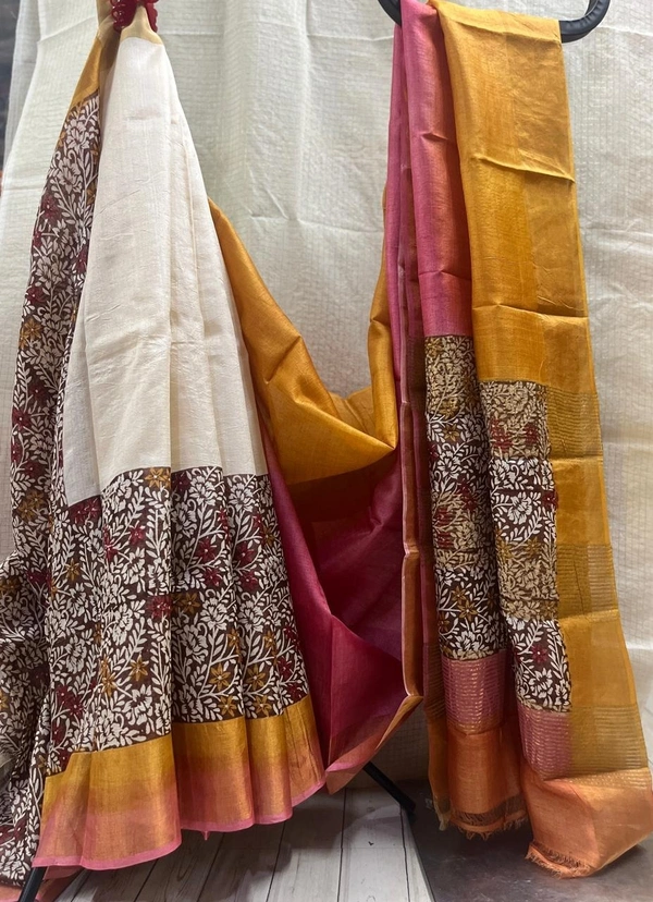 SKU0766 : Elegant Pure Tussar Silk Saree – Handwoven Traditional Wear pure tusser | Kalamkari - Normal Length 6.3 mtr Plus, Multicolor, Kalamkari, Hand Print, Dry Clean Only, Yes