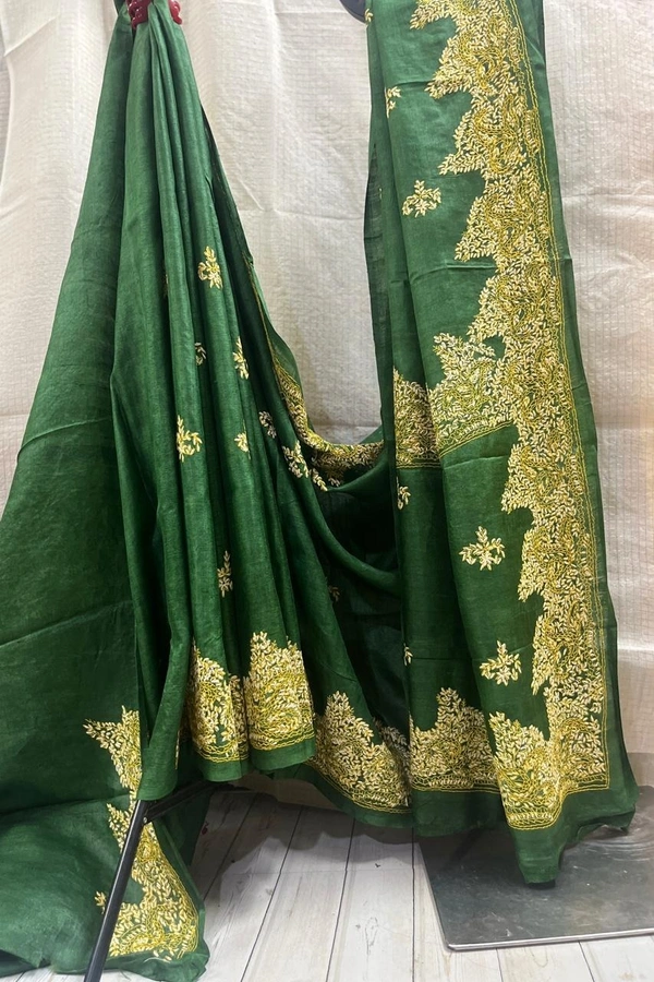 SKU0767: Elegant Pure Tussar Silk Saree – Handwoven Traditional Wear pure tusser | Kashmiri Work - Normal Length 6.3 mtr Plus, Green, Embroidery, Dry Clean Only, Yes