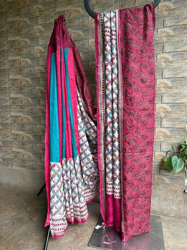 SKU0768 : Pure Silk Kantha Stitch Saree – Handcrafted Bengal - Normal Length 6.3 mtr Plus, Multicolor, Kantha Stitch, Dry Clean Only, Yes