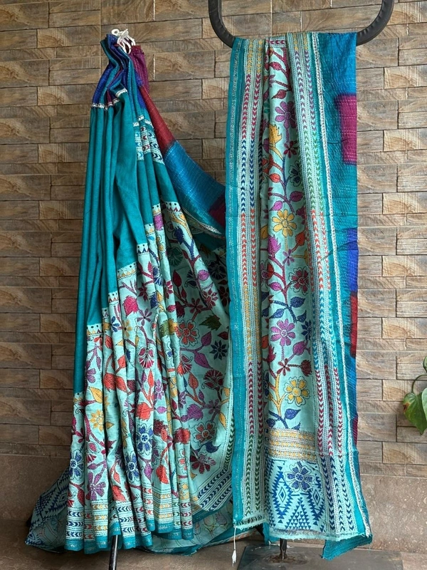 SKU0769 :  Pure Silk Kantha Stitch Saree – Handcrafted Bengal - Normal Length 6.3 mtr Plus, Firoza, Kantha Stitch, Dry Clean Only, Yes