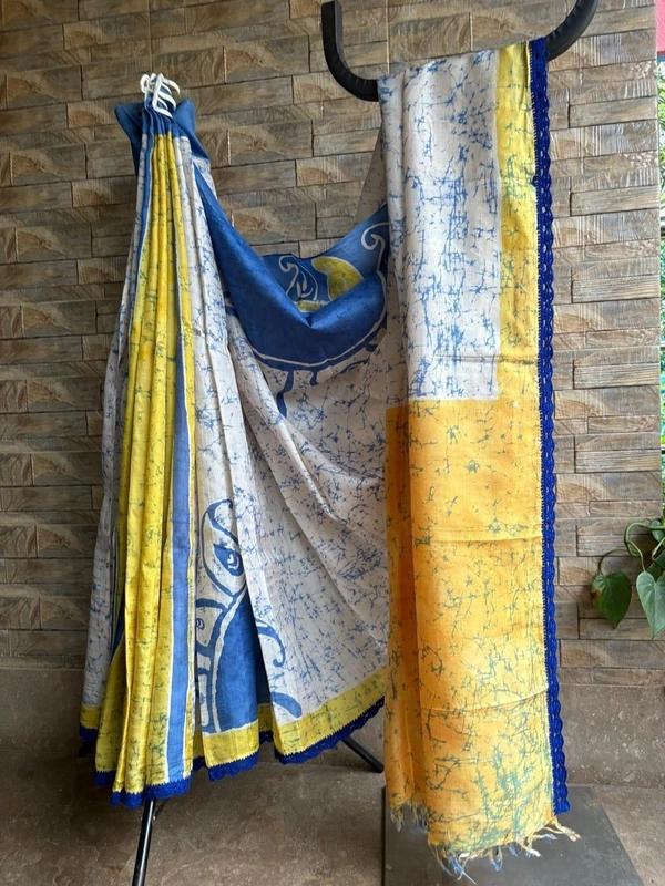 SKU-0770 : Pure Silk Kantha Stitch Saree – Handcrafted Bengal | Wax Batik - Normal Length 6.3 mtr Plus, Offwhite, Batik Print, Dry Clean Only, Yes