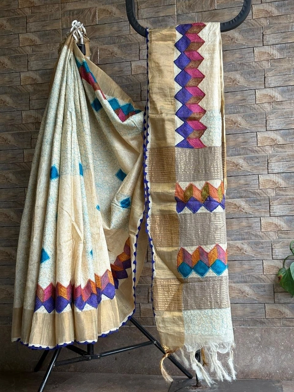 SKU-0771 : Elegant Pure Tussar Silk Saree – Handwoven Traditional Wear pure tusser | Applik Embroidary - Normal Length 6.3 mtr Plus, Cream, Plain / Solid, Dry Clean Only, Yes