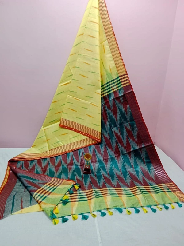 SKU0774 : Traditional Pure Cotton Katki Tant – Soft, Lightweight & Handwoven for Elegant Look - Normal Length 6.3 mtr Plus, Yellow, Buti / Booti, Soft wash, Yes