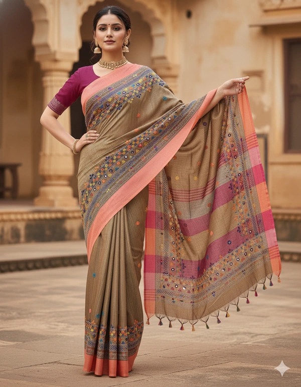 SKU1120 : Elegant Handwoven Bhagalpuri Saree – Lambani Work - Dry Wash, Yes