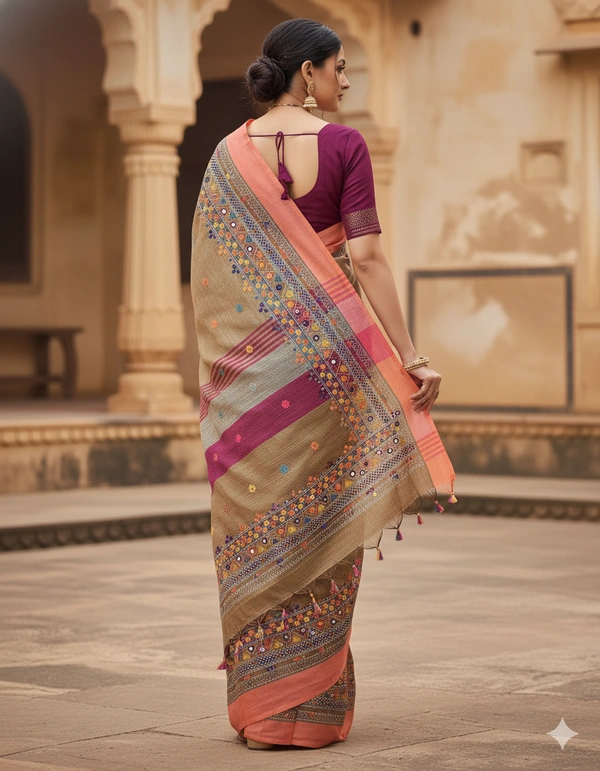 SKU1120 : Elegant Handwoven Bhagalpuri Saree – Lambani Work - Dry Wash, Yes