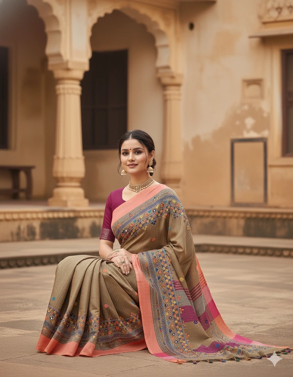 SKU1120 : Elegant Handwoven Bhagalpuri Saree – Lambani Work - Dry Wash, Yes