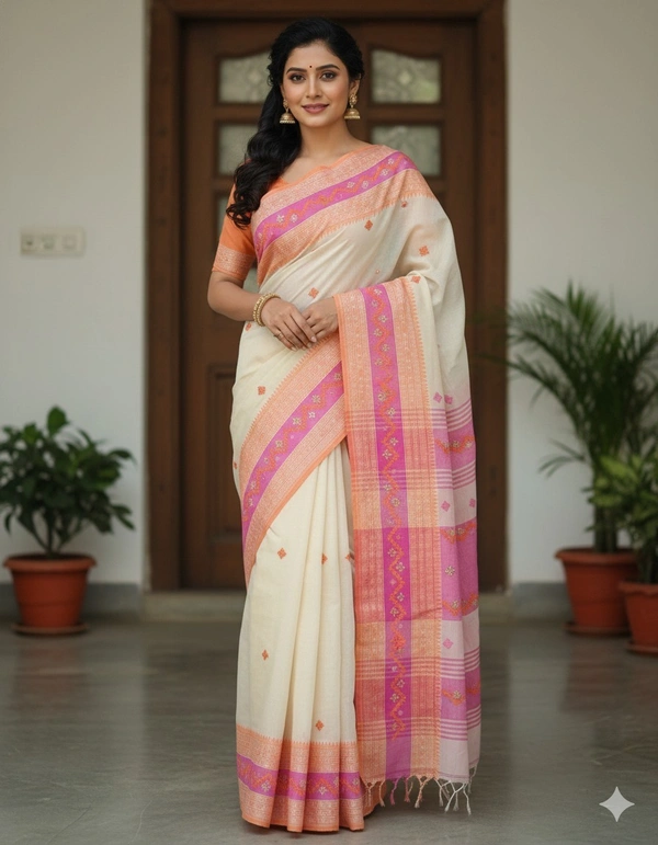 SKU1121 : Pure Khadi Cotton Saree – Handwoven, Lightweight & Breathable Fabric - Dry Wash, Yes