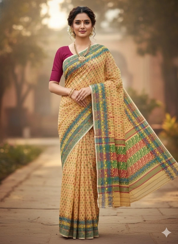 SKU1127 : Elegant Handwoven Jamdani Saree – Gujrati Lambani Work - Dry wash, Yes