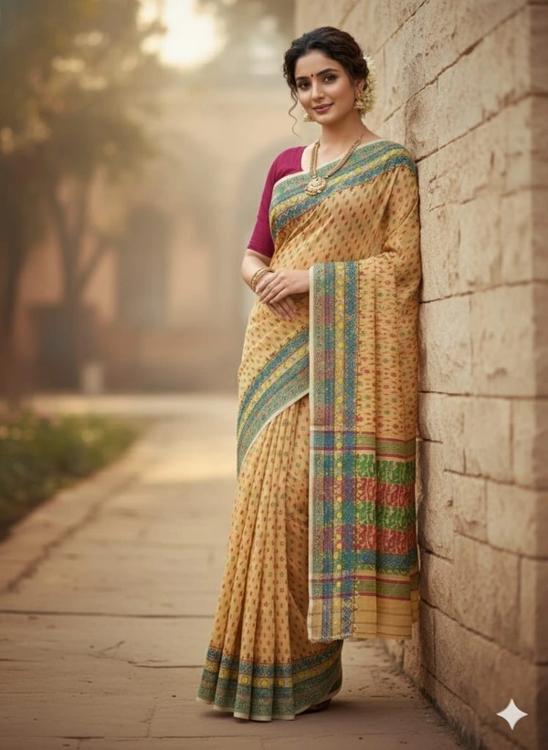 SKU1127 : Elegant Handwoven Jamdani Saree – Gujrati Lambani Work - Dry wash, Yes