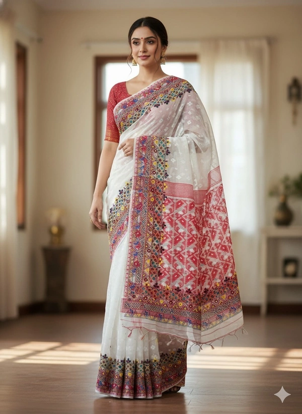 SKU1128 : Elegant Handwoven Jamdani Saree – Gujrati Lambani Work - Dry wash, Yes