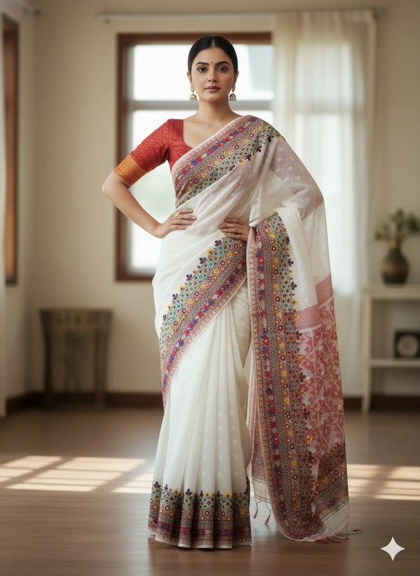 SKU1128 : Elegant Handwoven Jamdani Saree – Gujrati Lambani Work - Dry wash, Yes