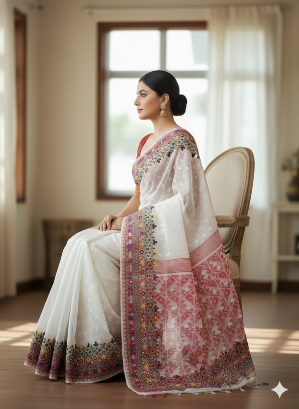 SKU1128 : Elegant Handwoven Jamdani Saree – Gujrati Lambani Work - Dry wash, Yes