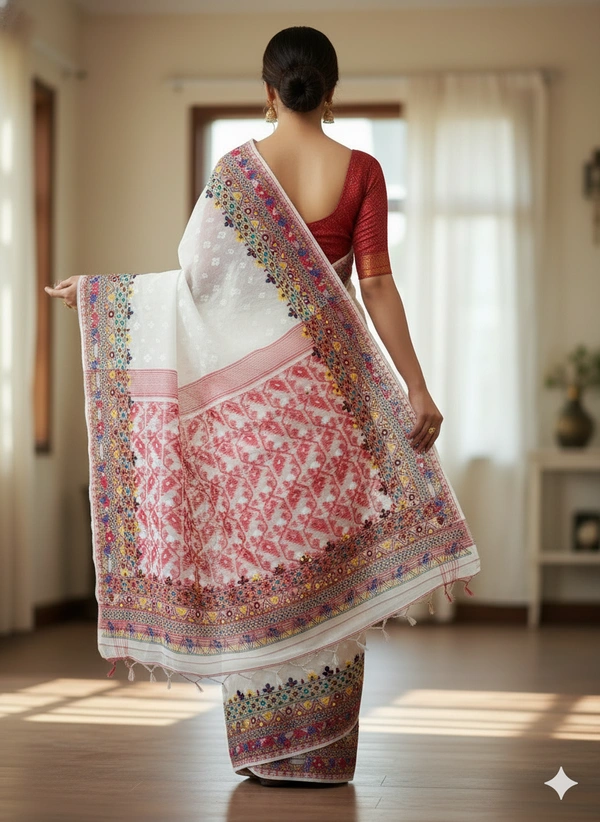 SKU1128 : Elegant Handwoven Jamdani Saree – Gujrati Lambani Work - Dry wash, Yes
