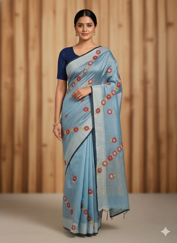 SKU1029 : Cotton Tissue Saree | All over  Chickankari Work - Dry wash, Yes