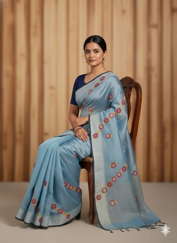 SKU1029 : Cotton Tissue Saree | All over  Chickankari Work - Dry wash, Yes